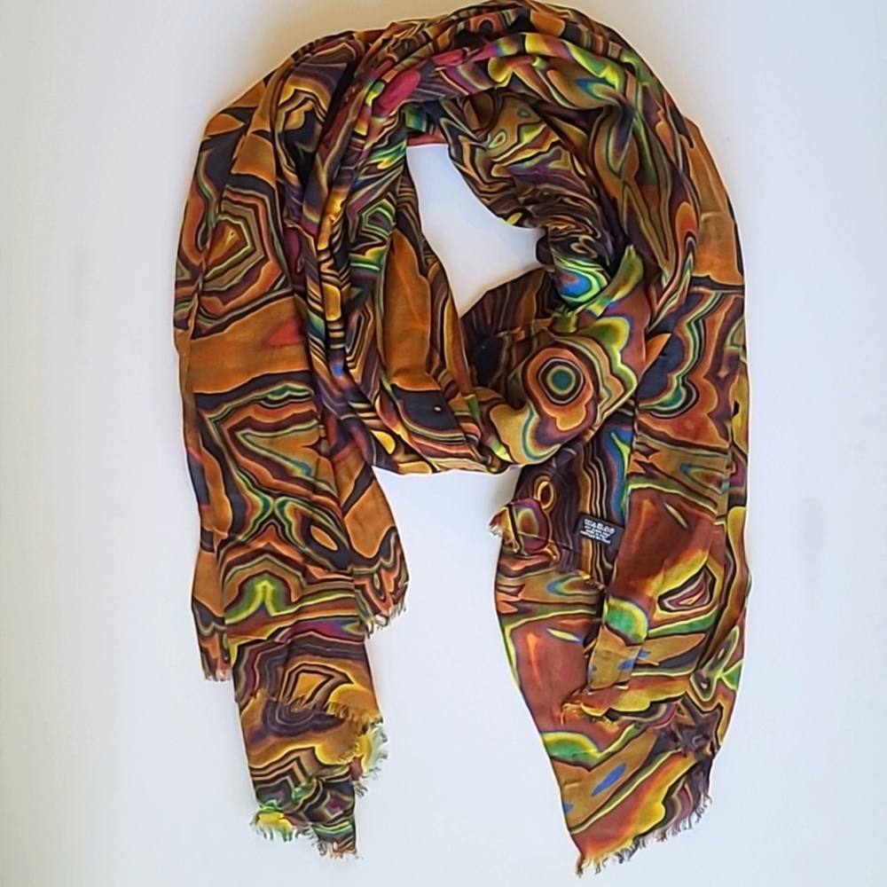 Abstract Swirl Lightweight Scarf in Brown with Multicolor Accents